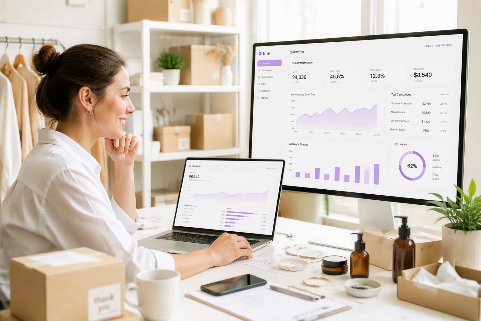 Ecommerce owner reviewing light-themed email and revenue analytics dashboards